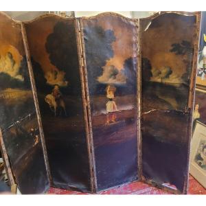 4 Panel Screen In Painted Leather 19th Century 