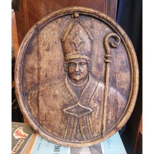 Wooden Medallion Representing A Bishop