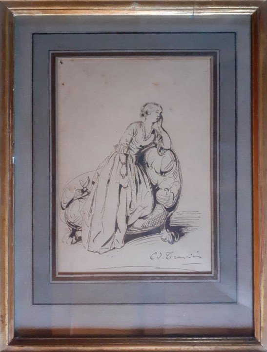 Charles-joseph Traviés De Villers 1804-1859 Drawing Ink On Paper Framed Under Glass 