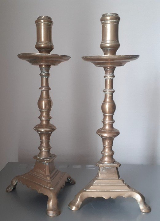 Pair Of Large 17th Century Bronze Tripod Candlesticks 