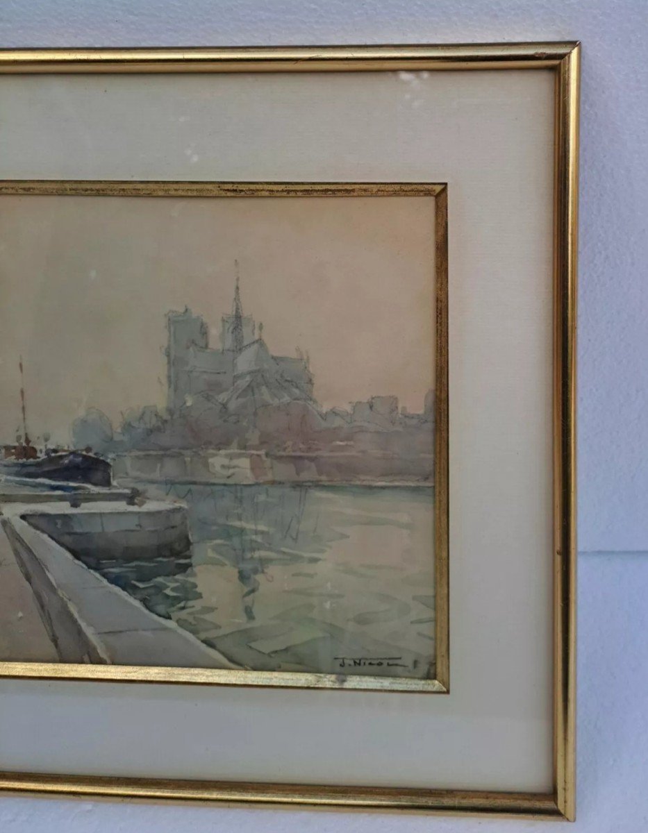 Jean Nicol Aquarelle Encadrée Sous-verre Paris Cathédrale Notre-dame -photo-2