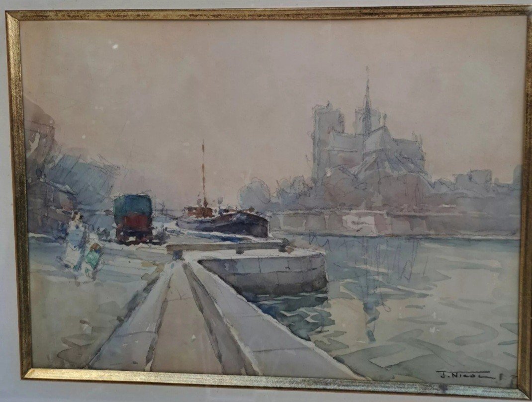 Jean Nicol Aquarelle Encadrée Sous-verre Paris Cathédrale Notre-dame -photo-4