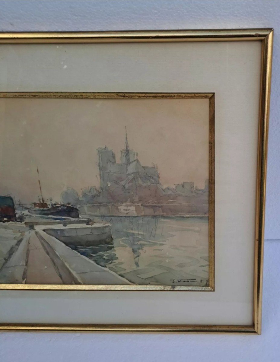 Jean Nicol Aquarelle Encadrée Sous-verre Paris Cathédrale Notre-dame -photo-3