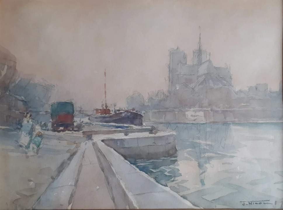 Jean Nicol Aquarelle Encadrée Sous-verre Paris Cathédrale Notre-dame 