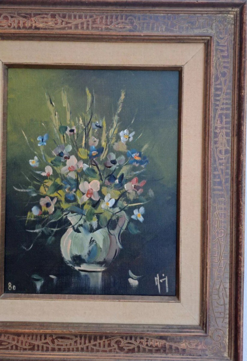 Jean Monnier Huile Sur Toile  Bouquet De Fleurs -photo-3