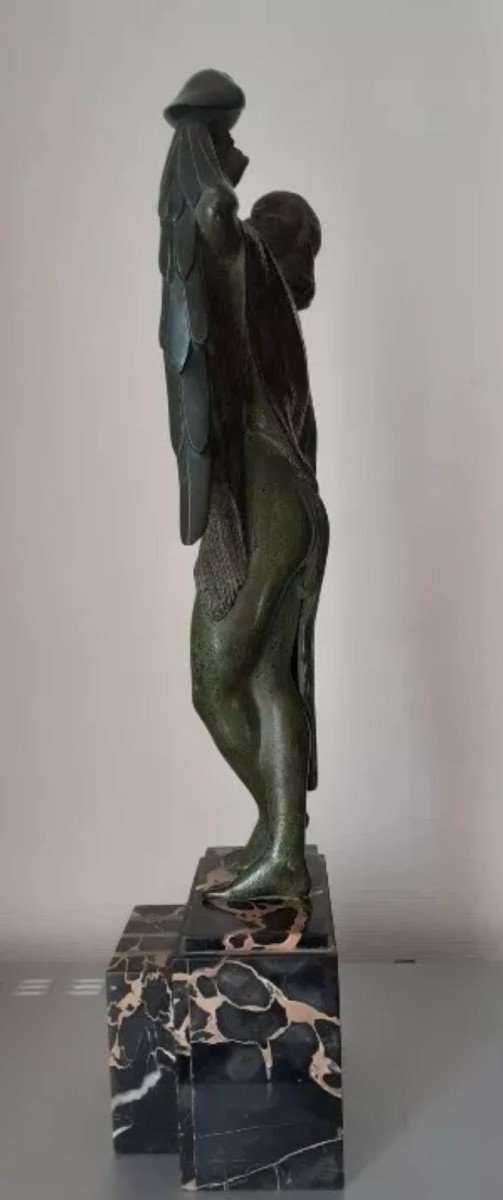 A. Soleau Woman With Parrot Bronze With Green Patina Art Deco -photo-3