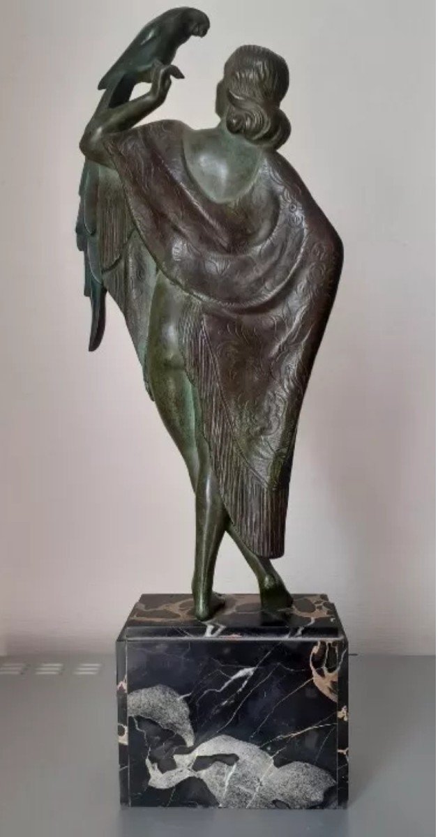 A. Soleau Woman With Parrot Bronze With Green Patina Art Deco -photo-4