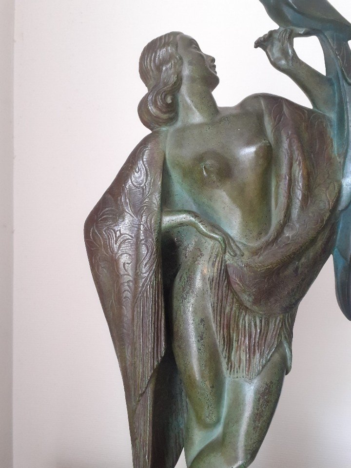 A. Soleau Woman With Parrot Bronze With Green Patina Art Deco -photo-1