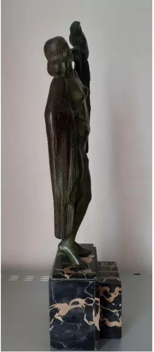 A. Soleau Woman With Parrot Bronze With Green Patina Art Deco -photo-2