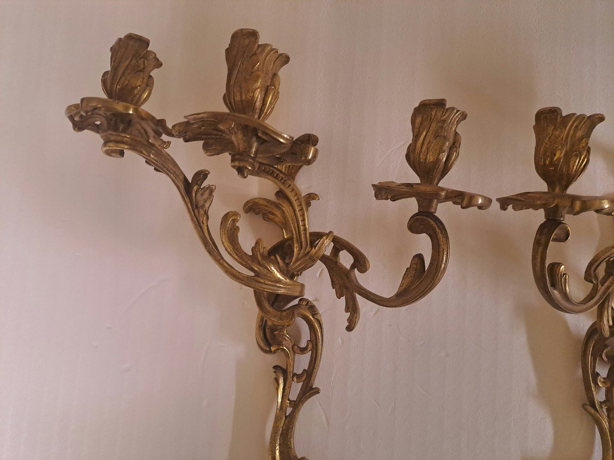 Paire d'Appliques 3 Branches Bronze Doré -photo-2