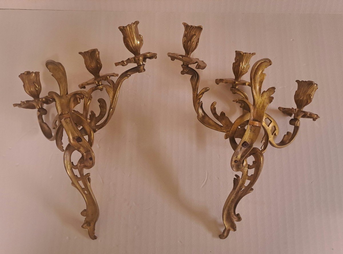 Paire d'Appliques 3 Branches Bronze Doré -photo-4