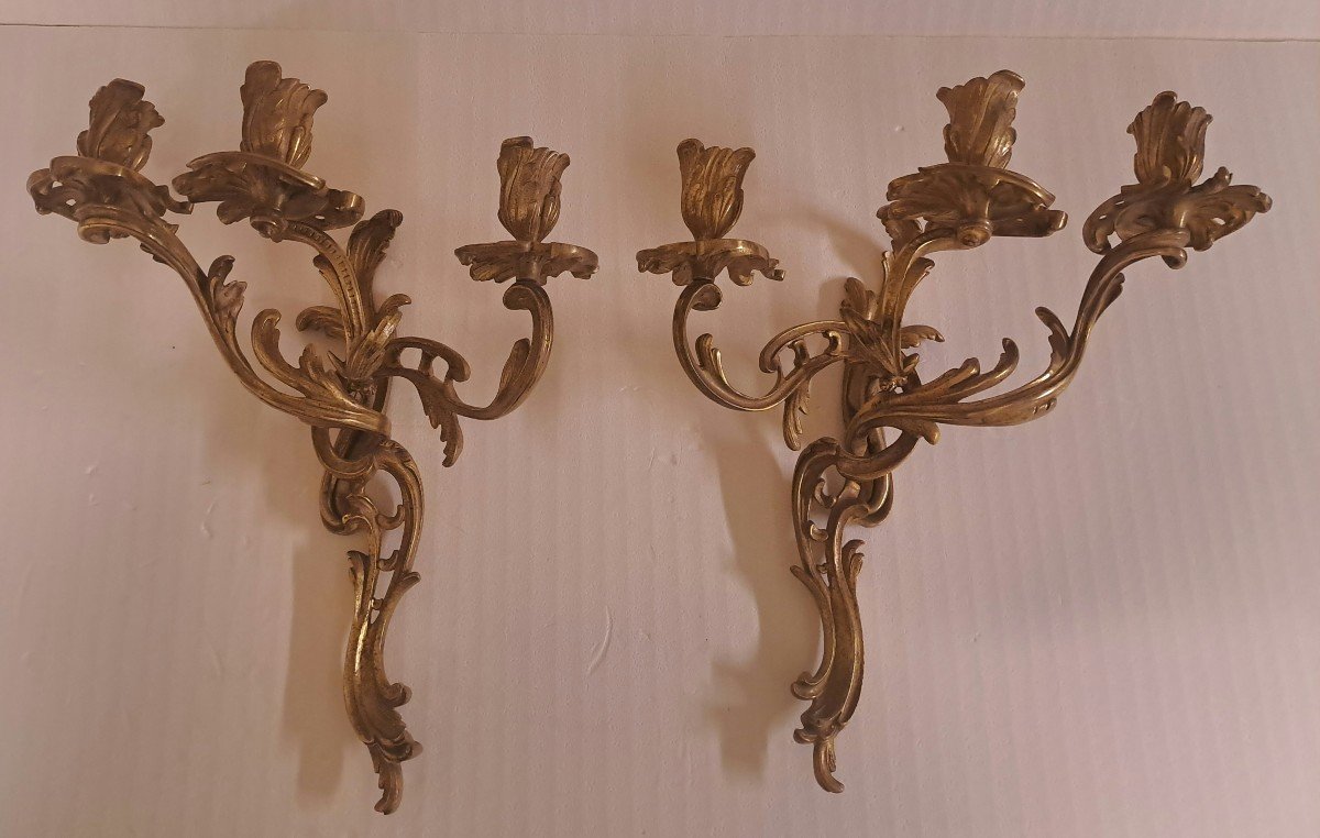 Paire d'Appliques 3 Branches Bronze Doré 