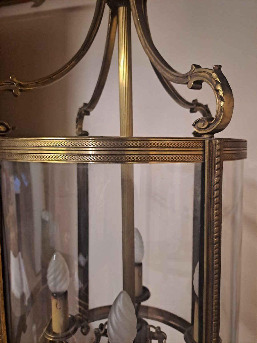 Large Cylindrical Vestibule Lantern In Gilded Bronze -photo-3