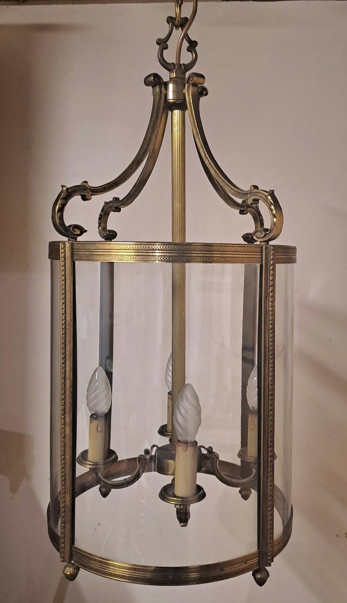 Large Cylindrical Vestibule Lantern In Gilded Bronze 