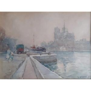 Jean Nicol Aquarelle Encadrée Sous-verre Paris Cathédrale Notre-dame 