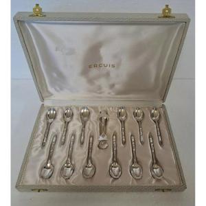 Set Of 12 Mocha Spoons And 1 Sugar Tongs Silver Metal Ercuis