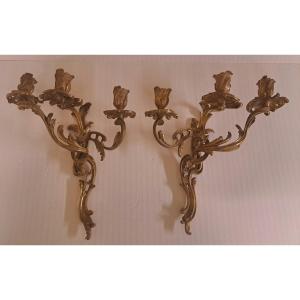 Pair Of 3-branch Gilt Bronze Wall Lights 