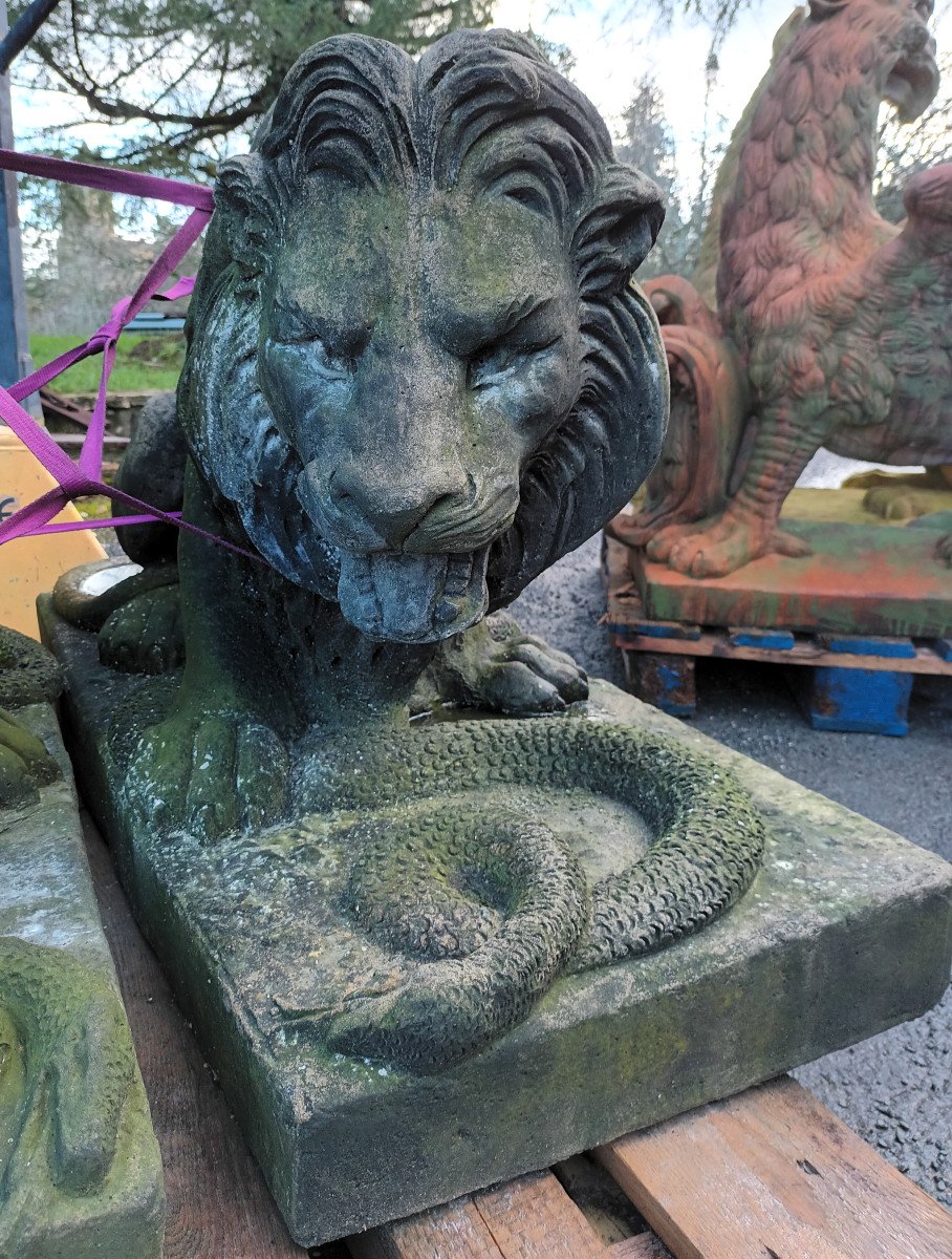 Large Pair Of Lions With Snakes In Cement-photo-2