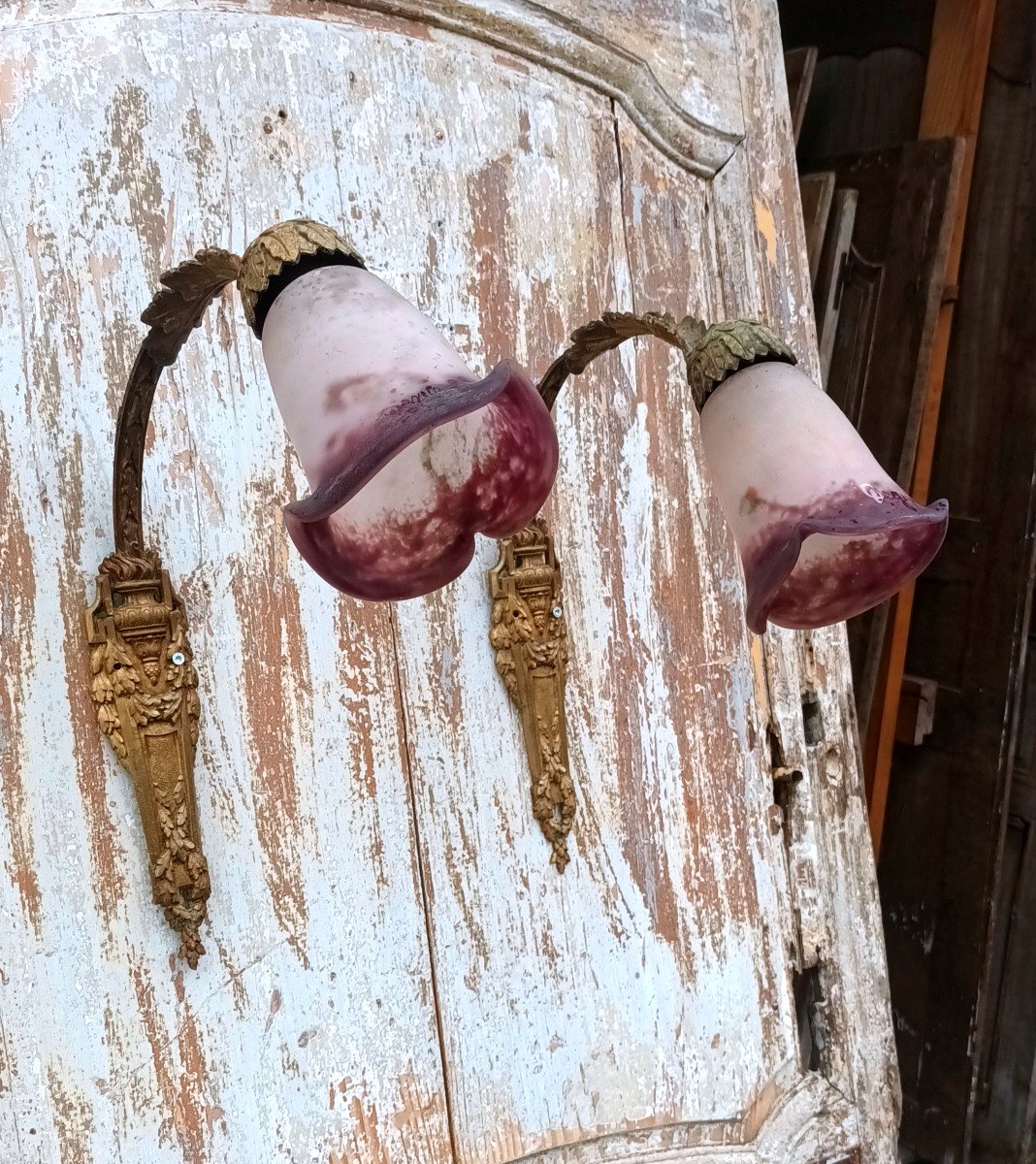 Pair Of Art Deco Wall Lights In Bronze Signed Fournier With Degué Glass Paste Tulips-photo-1