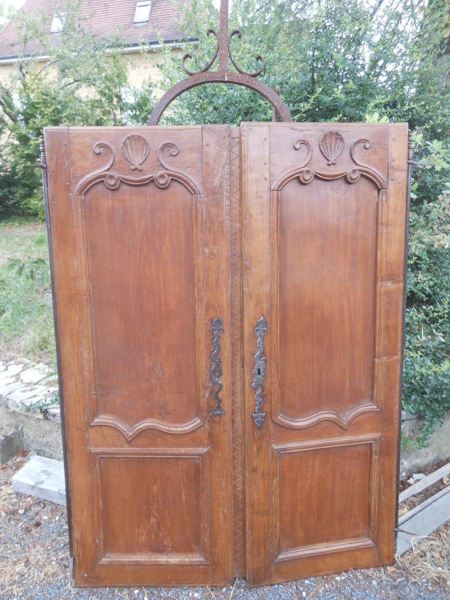 Ravissante Petite  Paire De Portes  De Placard XVIII Eme,boiserie En Merisier Decor Mongolfiere