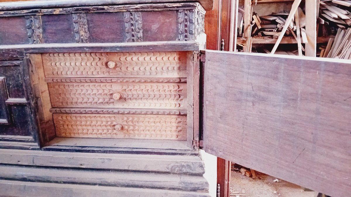 Antique Walnut Chest With Drawer, Bargueno 17th Century-photo-3