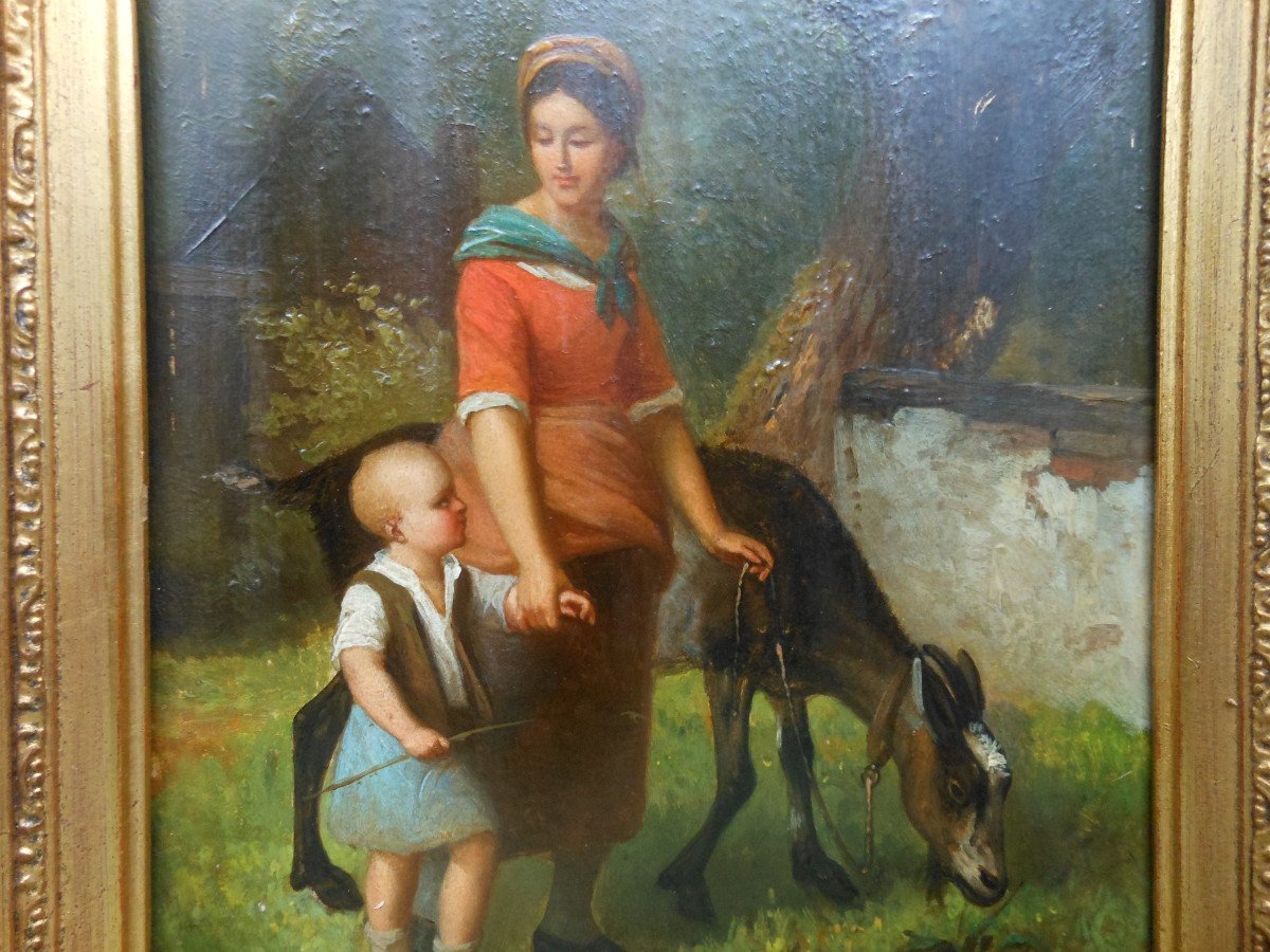 Tendre Petit Tableau Hsp 1900 mere et son enfant et Petro l âne-photo-2