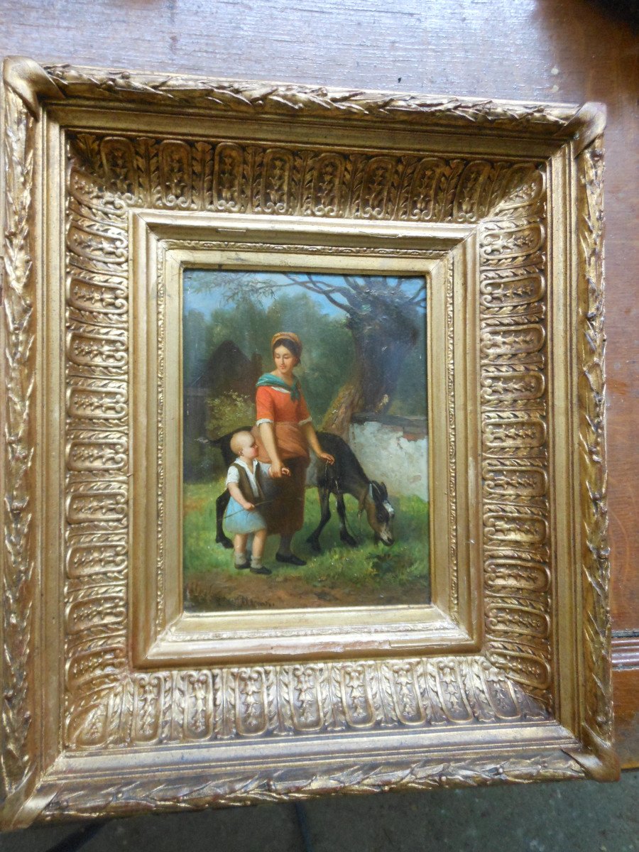 Tendre Petit Tableau Hsp 1900 mere et son enfant et Petro l âne