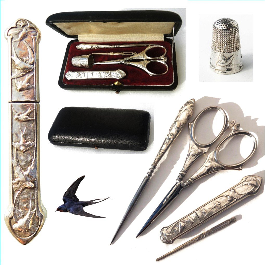 Sewing Kit In Sterling Silver Art Nouveau Swallows Late Nineteenth Early Twentieth