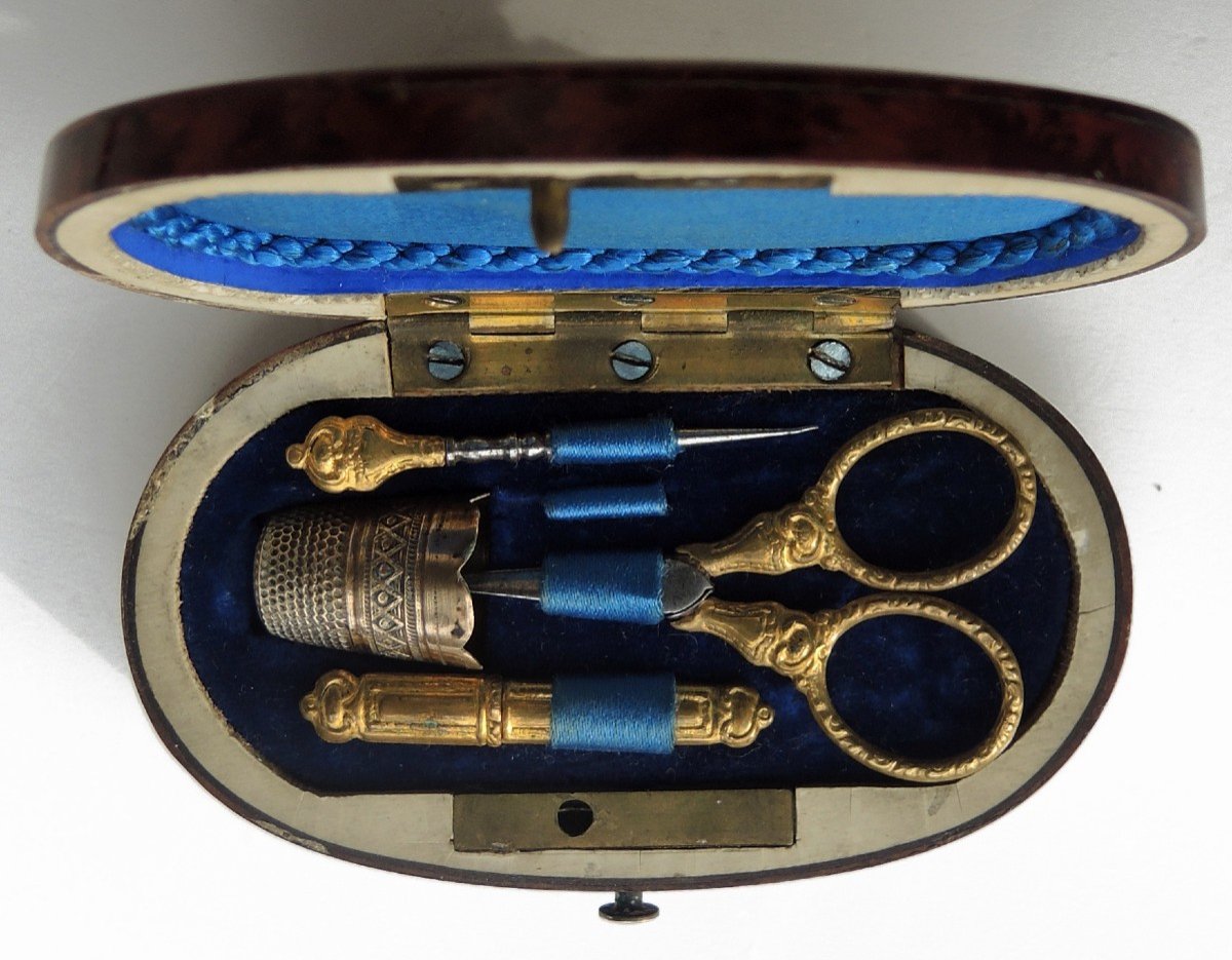 Nécessaire De Couture Miniature Coffret Bois Marqueté Loupe XIXe-photo-2