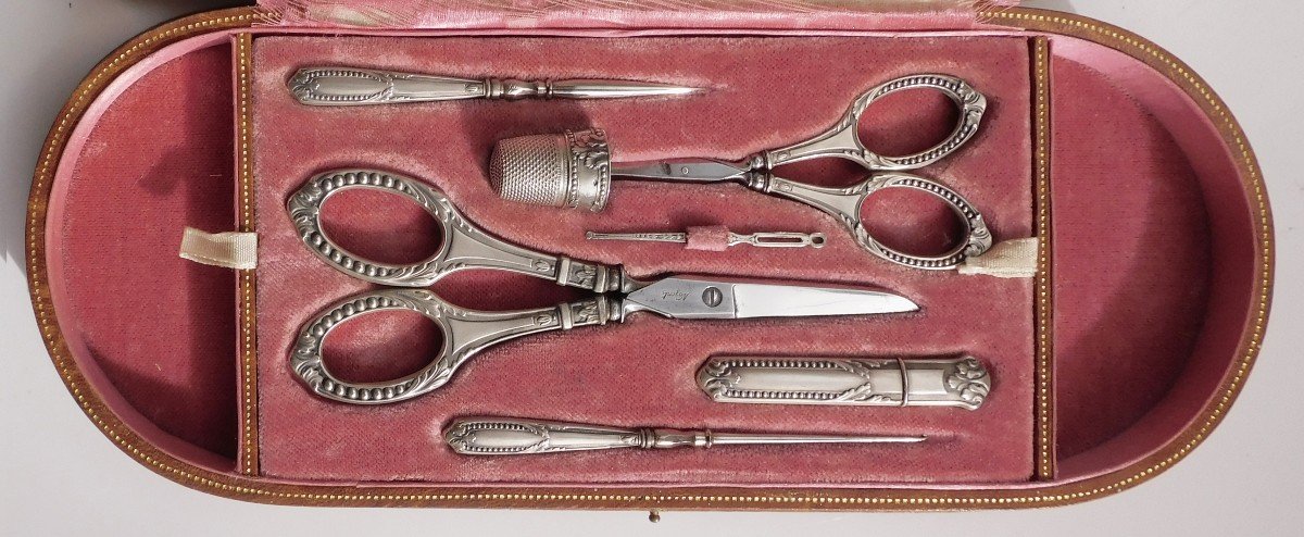Old Sewing Kit Sterling Silver Sewing Scissors To Embroider Early Twentieth Leather Box-photo-2