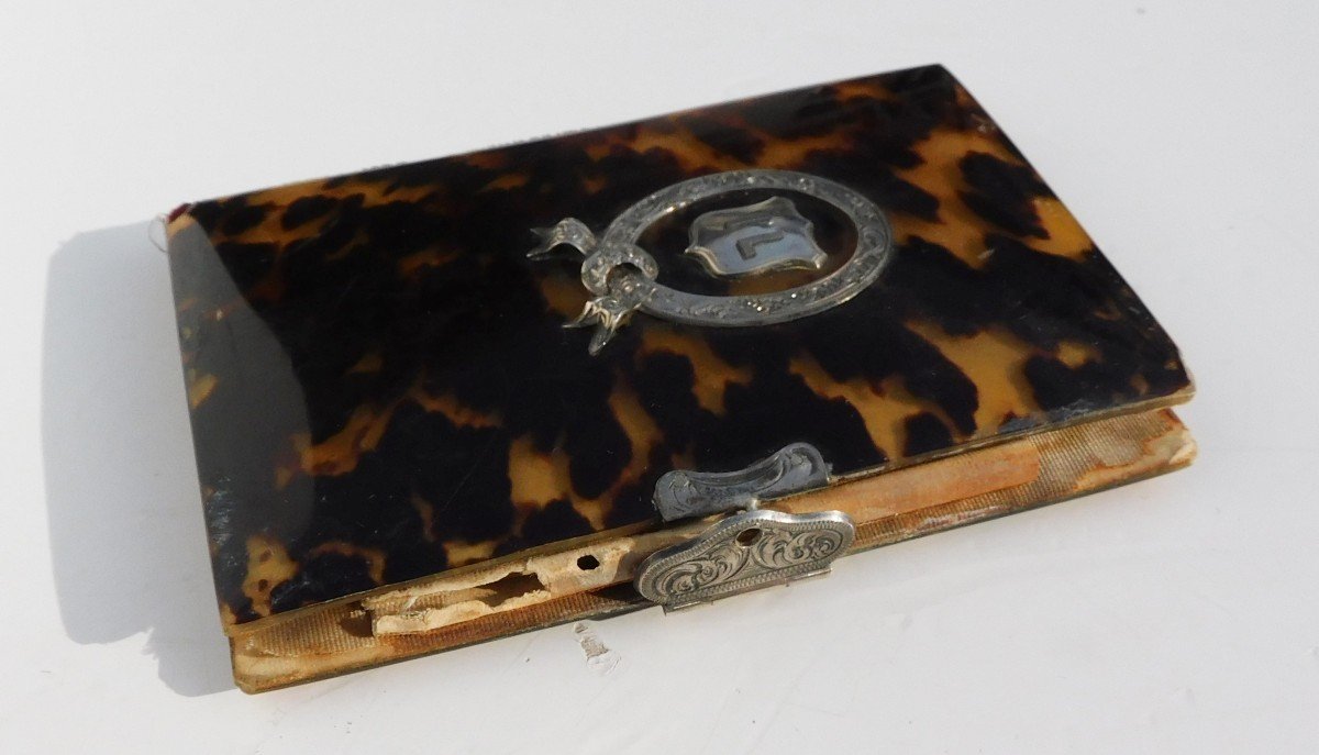 Antique Silver Tortoiseshell Souvenir Ball Book Case Monogram Silk-photo-2