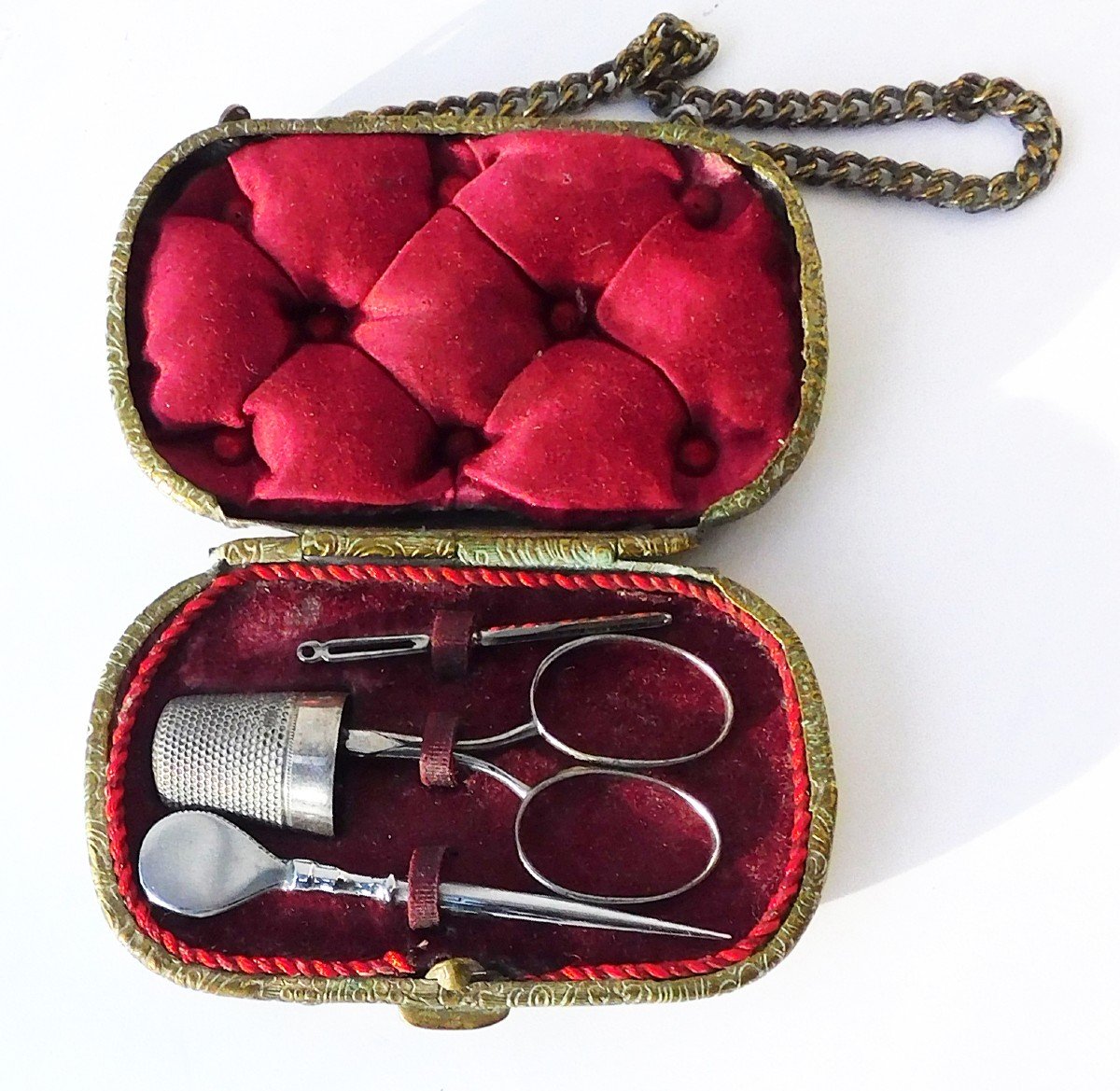 Sewing Kit In Steel 19th Century Napoleon III Purse Shape Box-photo-2