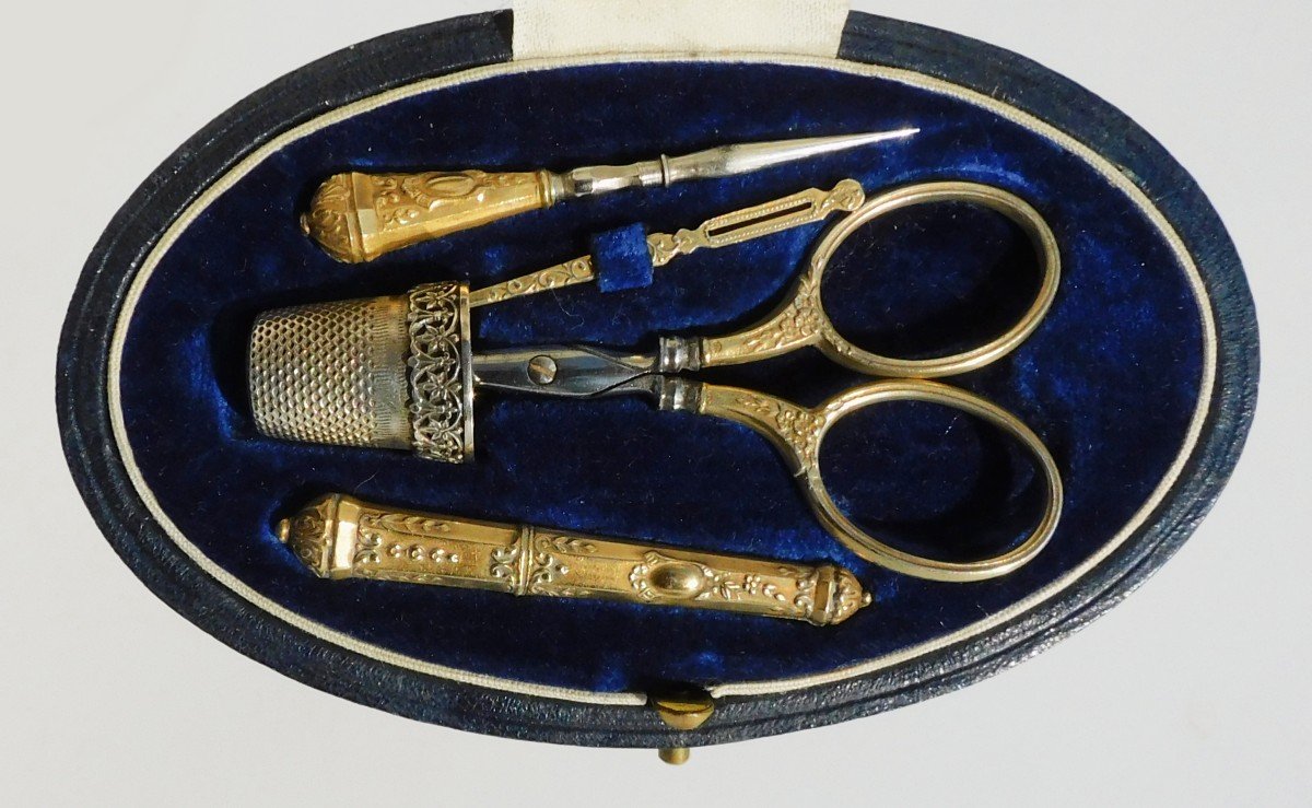 Small Sewing Kit In Vermeil In A Leather Box Late 19th Century Early 20th Century-photo-4