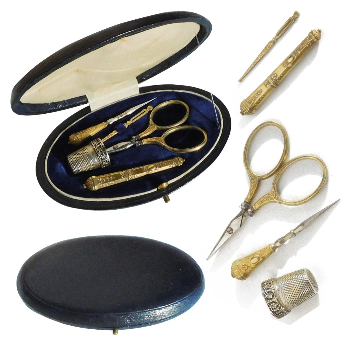 Small Sewing Kit In Vermeil In A Leather Box Late 19th Century Early 20th Century