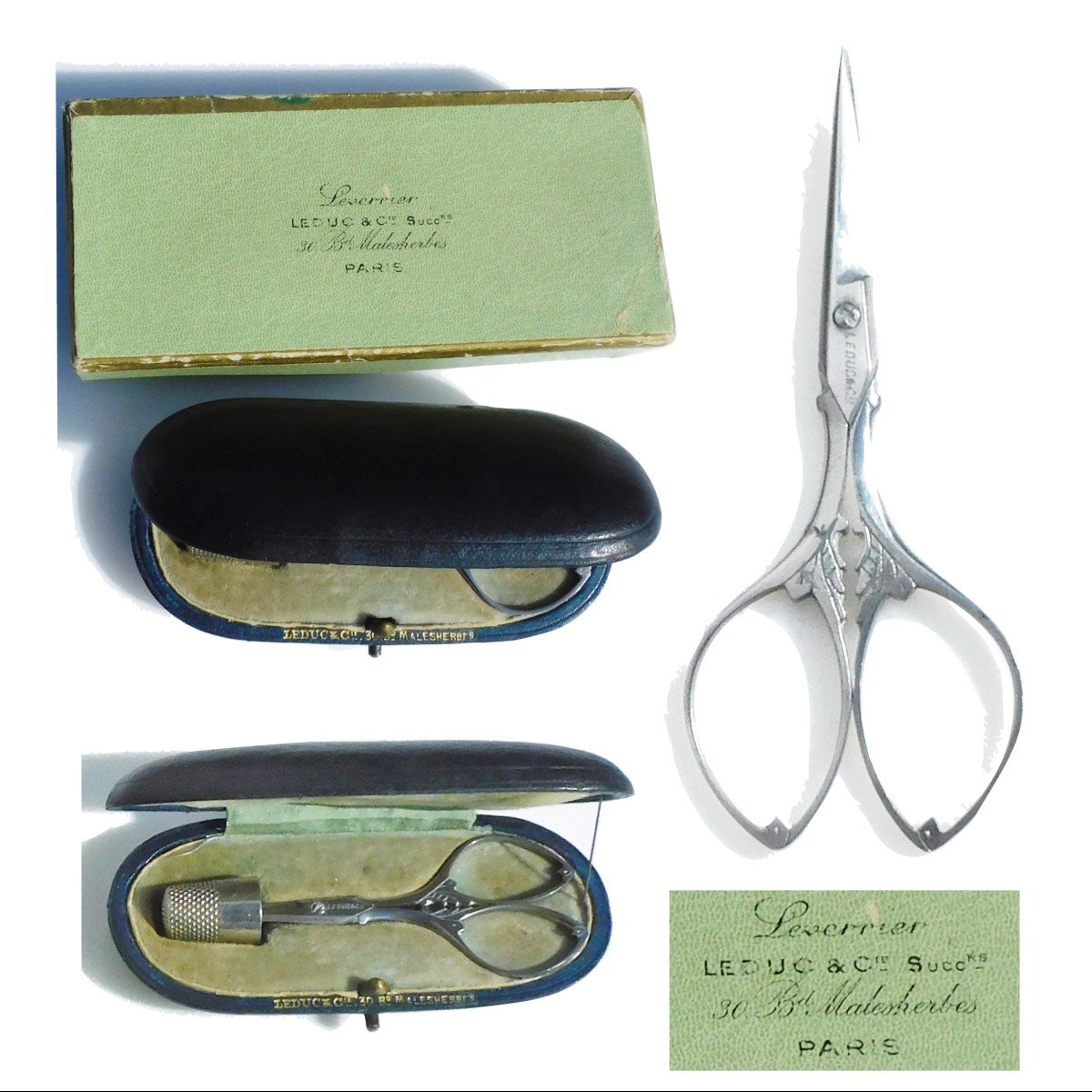 Pair Of Antique Scissors Signed Leduc & Cie In Their Leather Case And Box Early 20th Century