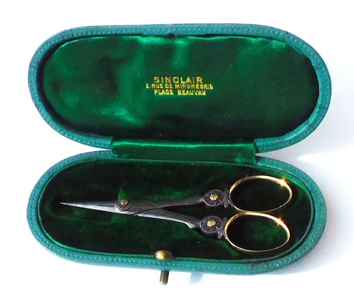 Small Pair Of Antique Scissors Late 18th Early 19th Century Steel Gold Stones In Moroccan Case-photo-2