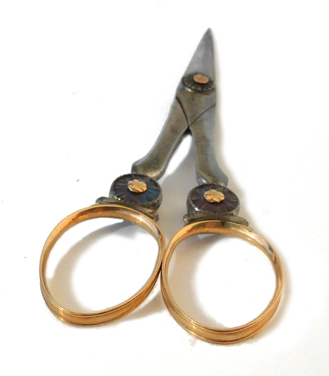 Small Pair Of Antique Scissors Late 18th Early 19th Century Steel Gold Stones In Moroccan Case-photo-4