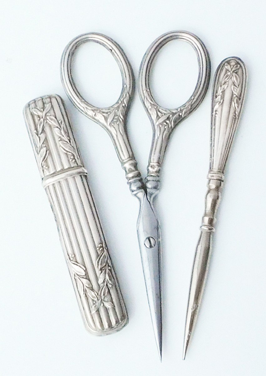 Silver Sewing Kit Early 19th Century Scissors Thimble Case Needles-photo-4