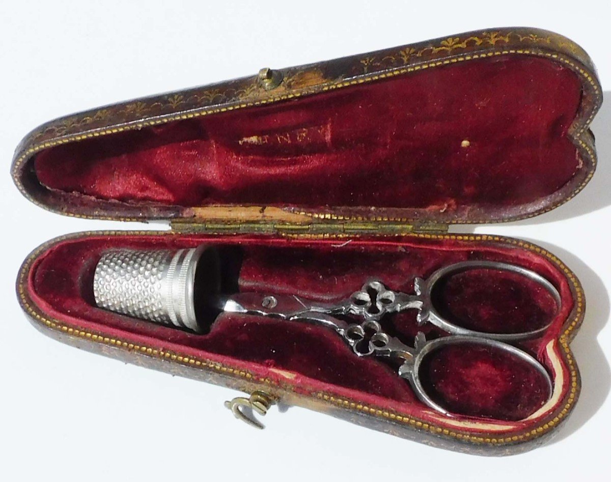 Small Pair Of Steel Sewing Embroidery Scissors In Leather Covered Case 19th Century-photo-2