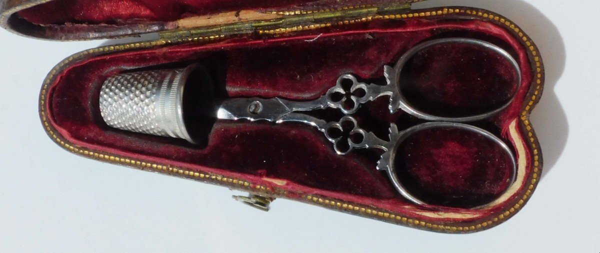 Small Pair Of Steel Sewing Embroidery Scissors In Leather Covered Case 19th Century-photo-3