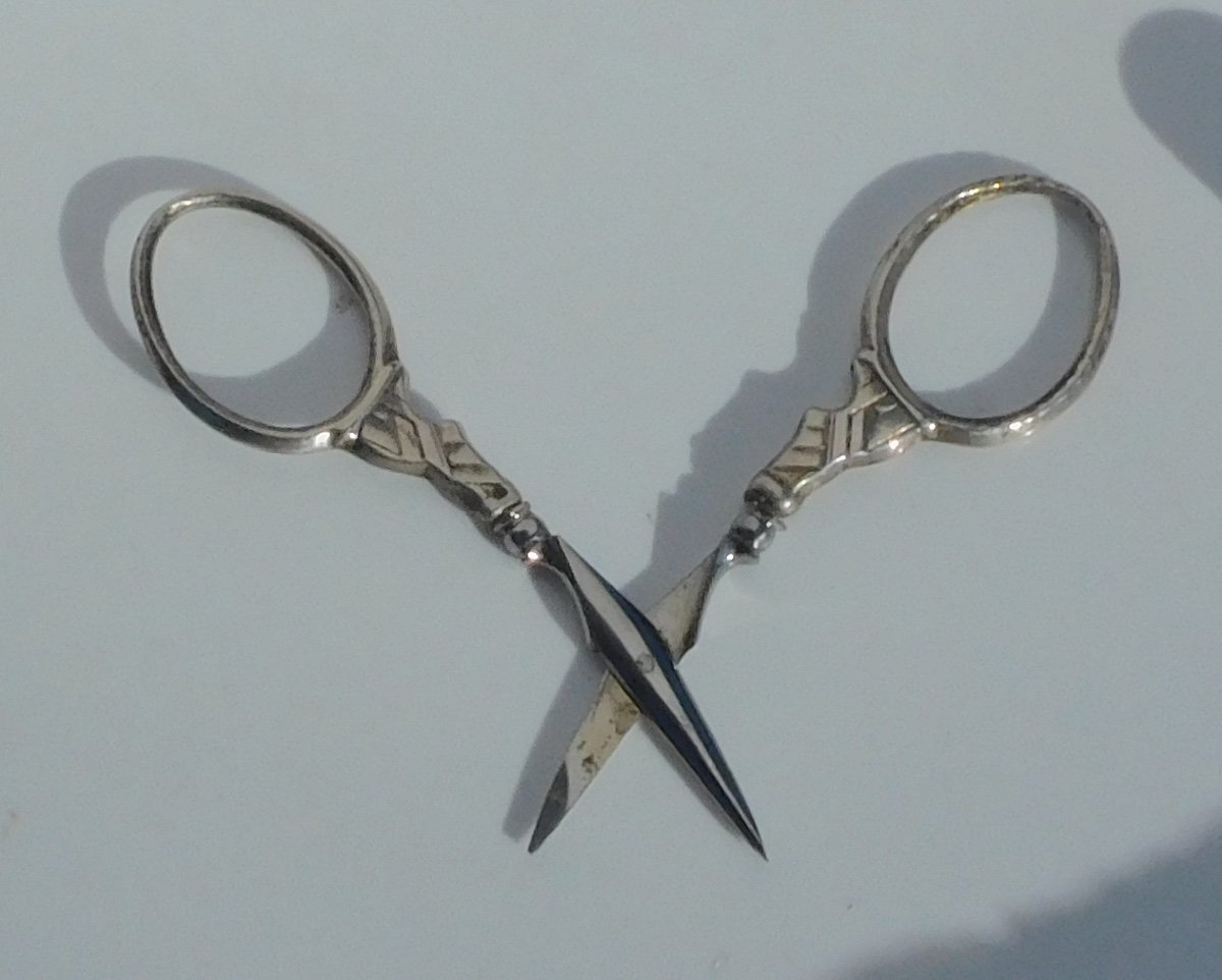 Small Sewing Kit Scissors Little Monster Thimble Solid Silver Antique 19th Century-photo-4