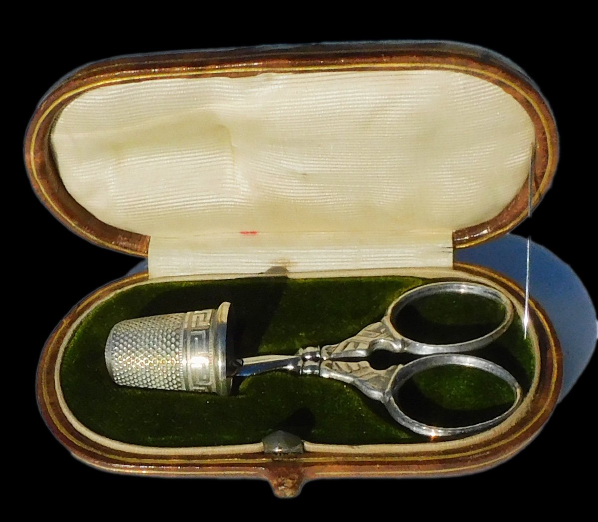 Small Sewing Kit Scissors Little Monster Thimble Solid Silver Antique 19th Century