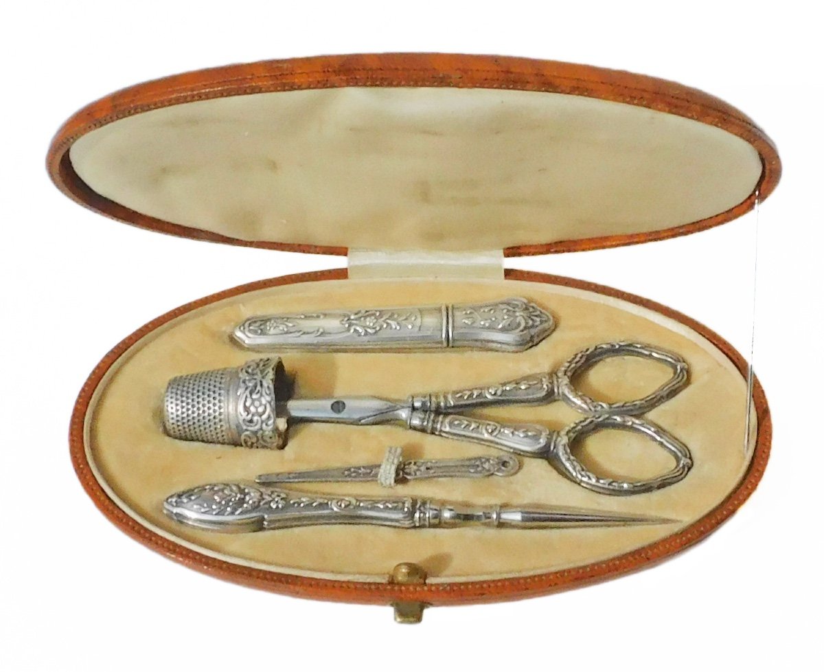 Antique Silver Sewing Box Set, 19th Century, Scissors, Thimble, Sewing Awl-photo-2