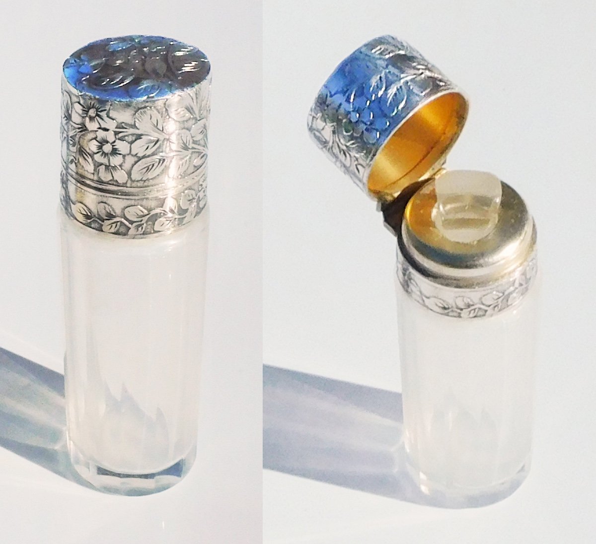 Fine 19th Century Art Nouveau Crystal Silver Perfume Salt Bottle