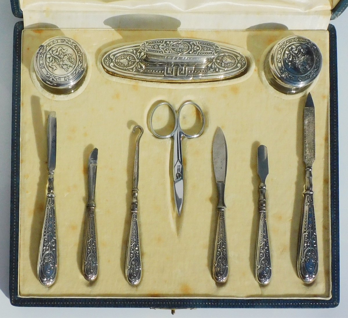 Coffret Nécessaire à Ongles Manucure Ancien Fin XIXe Argent Massif Cristal -photo-2