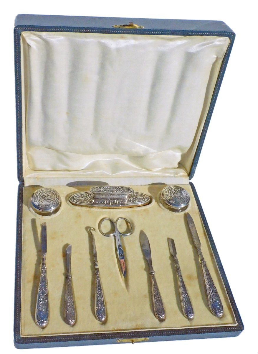 Coffret Nécessaire à Ongles Manucure Ancien Fin XIXe Argent Massif Cristal -photo-4