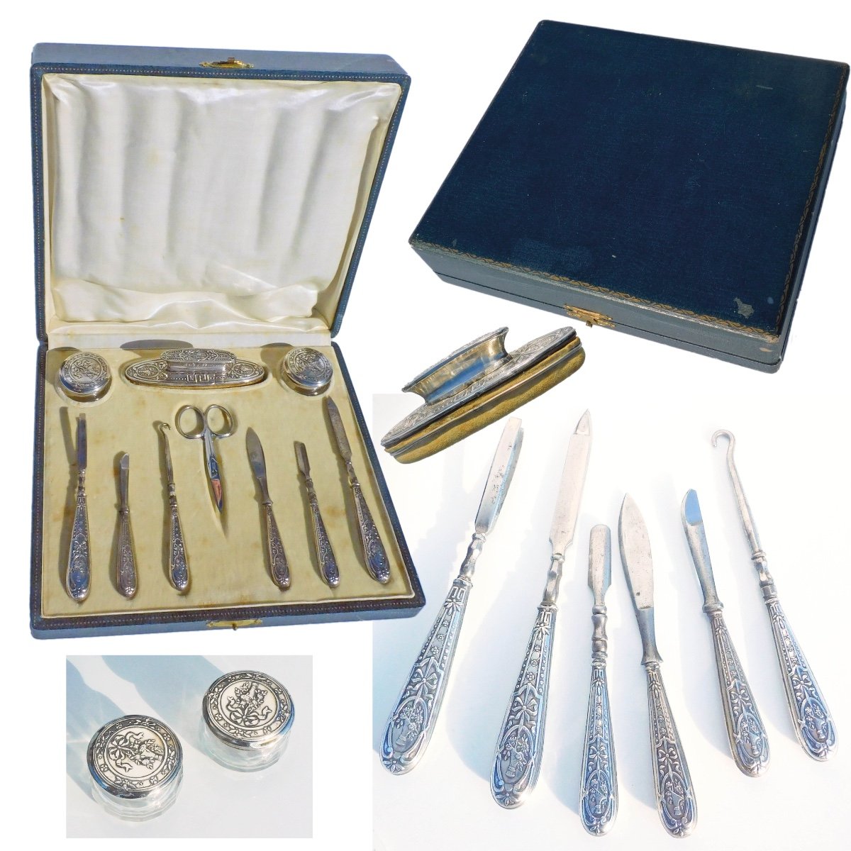 Coffret Nécessaire à Ongles Manucure Ancien Fin XIXe Argent Massif Cristal 