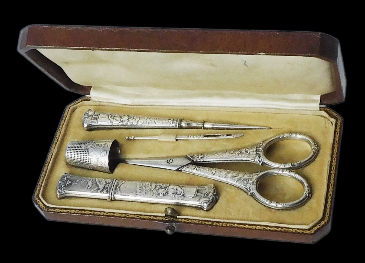 Antique Silver Sewing Kit Embroidery Scissors Thimble Punch Fable La Fontaine-photo-2