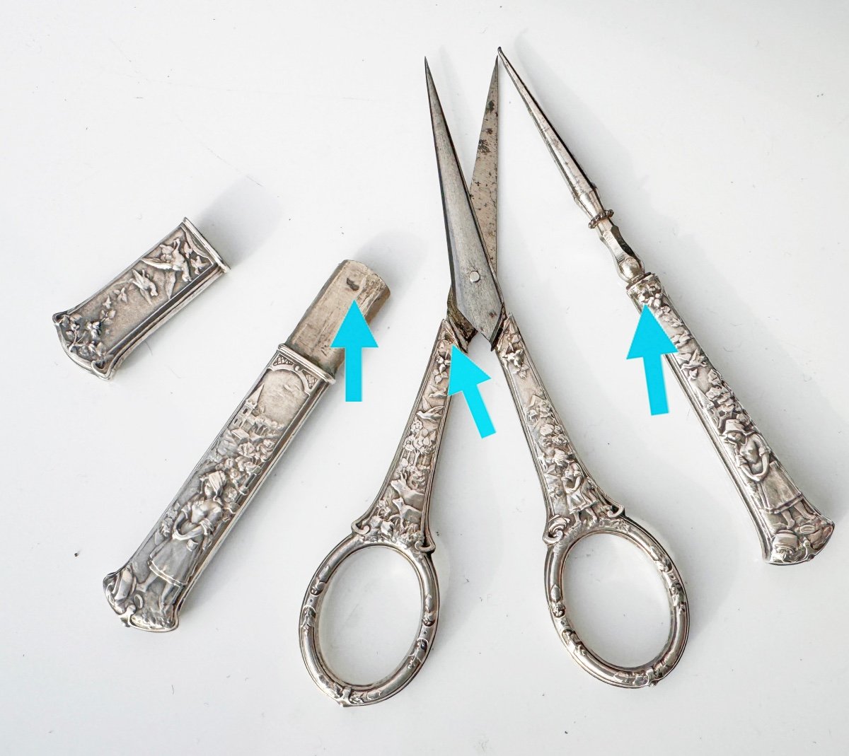 Antique Silver Sewing Kit Embroidery Scissors Thimble Punch Fable La Fontaine-photo-1