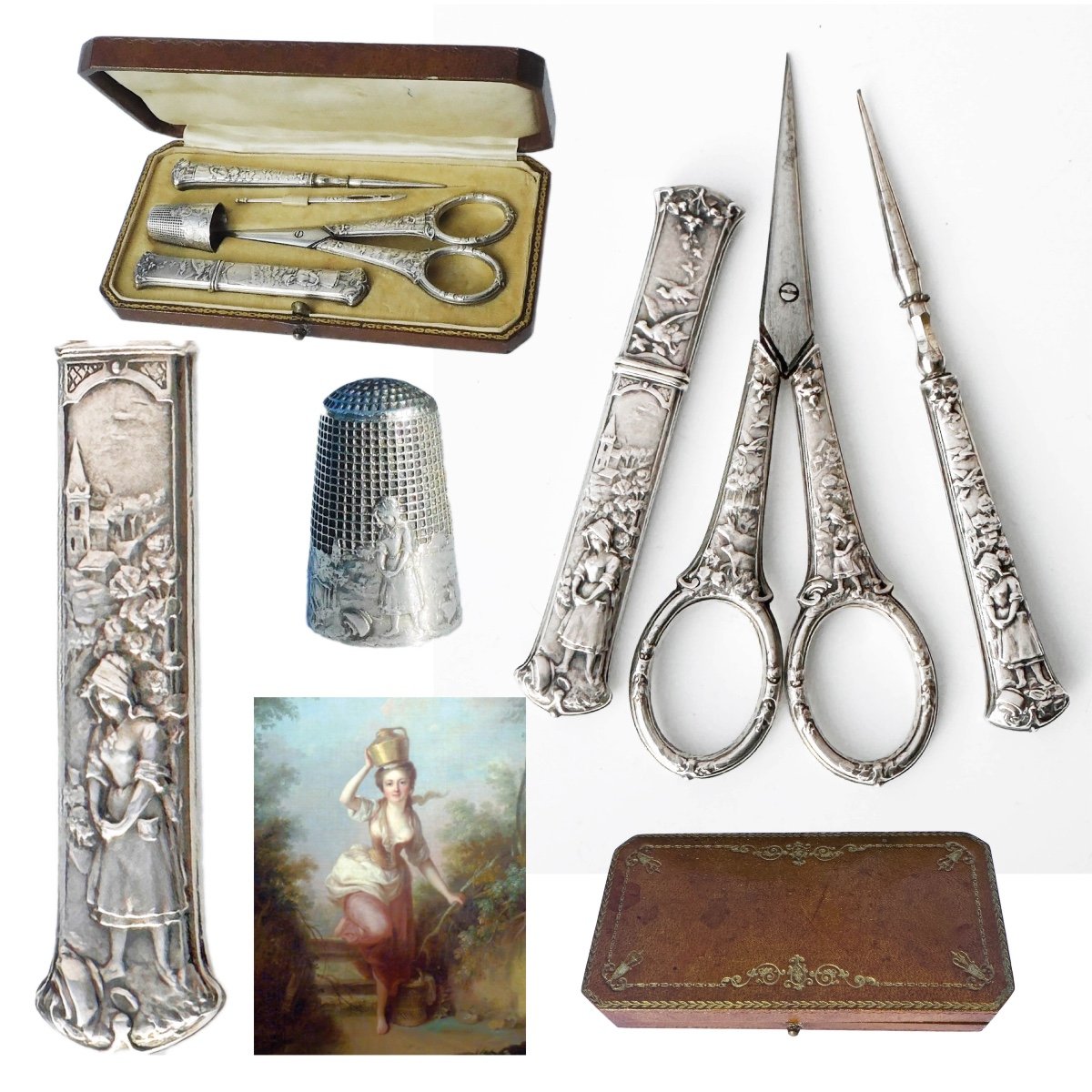 Antique Silver Sewing Kit Embroidery Scissors Thimble Punch Fable La Fontaine